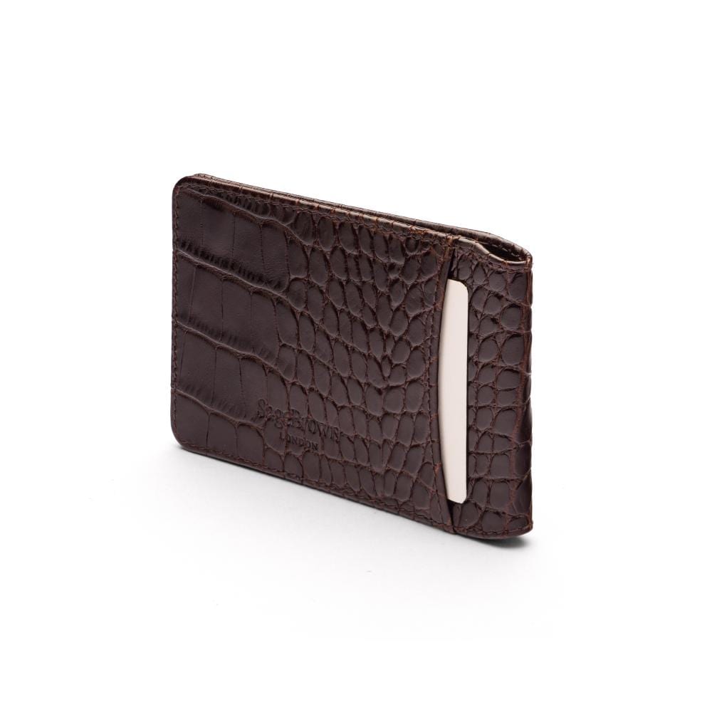 Leather Oyster card holder, brown croc with green, back