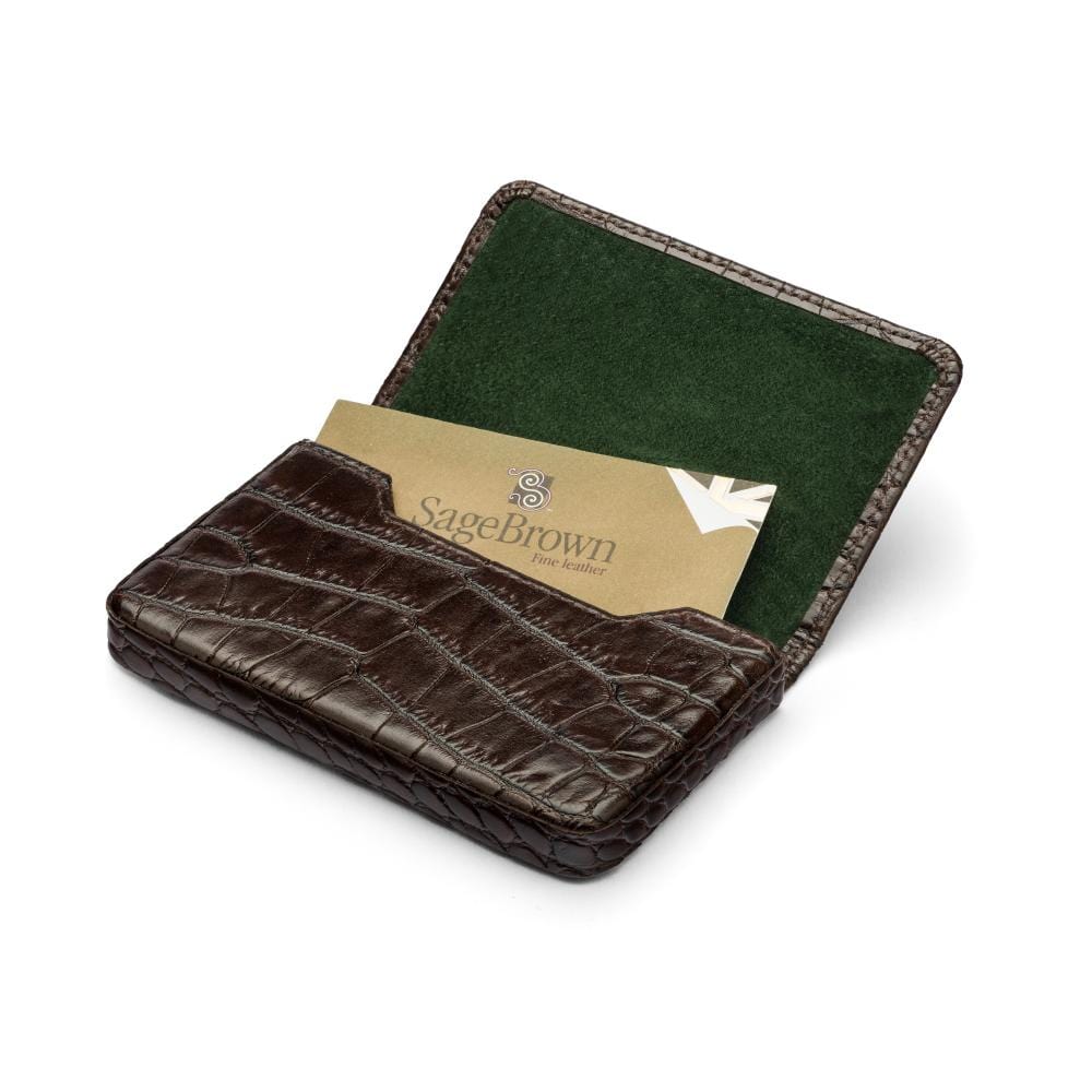 Leather business card holder with magnetic closure, brown croc with green, inside