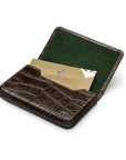 Leather business card holder with magnetic closure, brown croc with green, inside