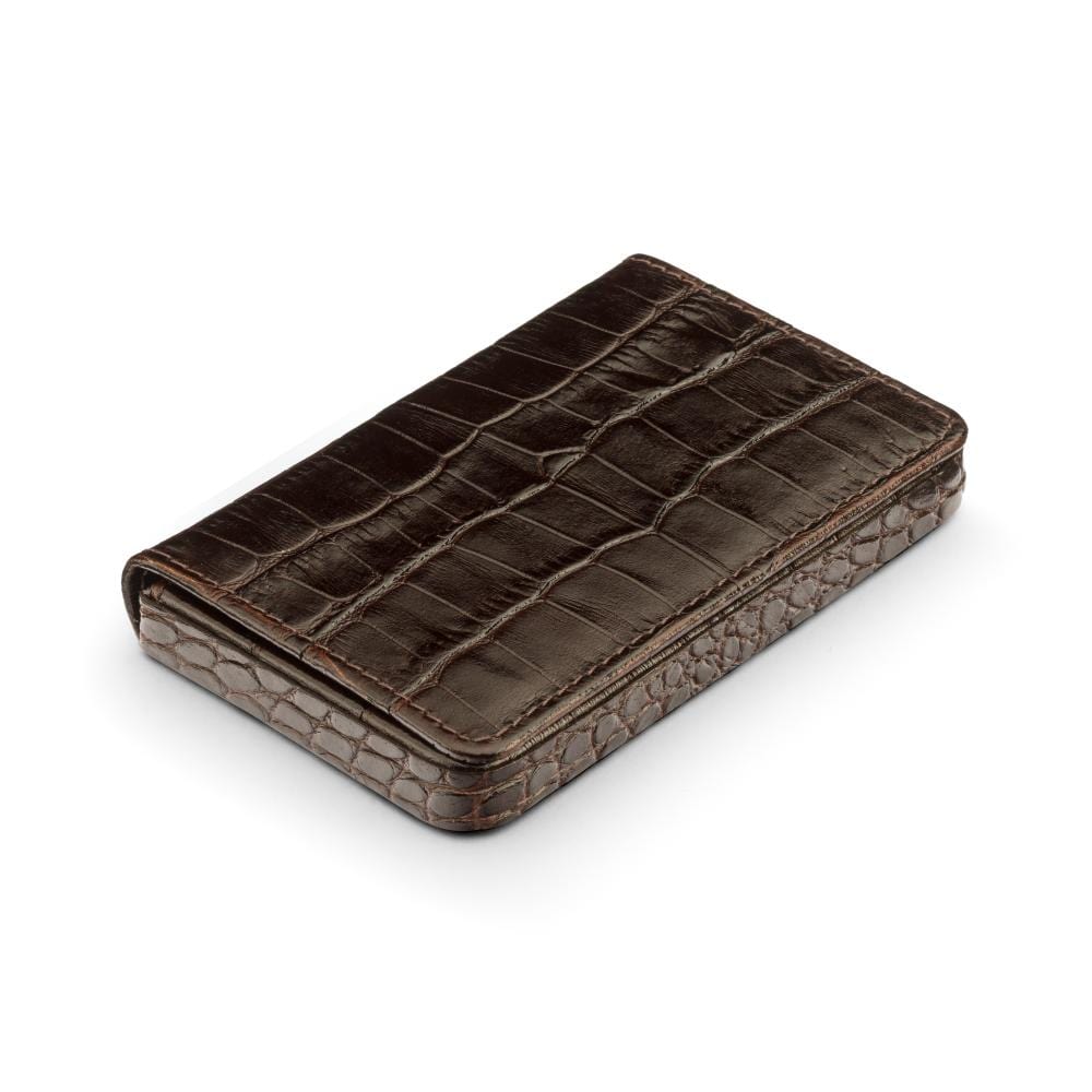 Leather business card holder with magnetic closure, brown croc with green, side