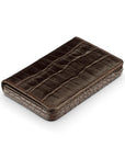 Leather business card holder with magnetic closure, brown croc with green, side