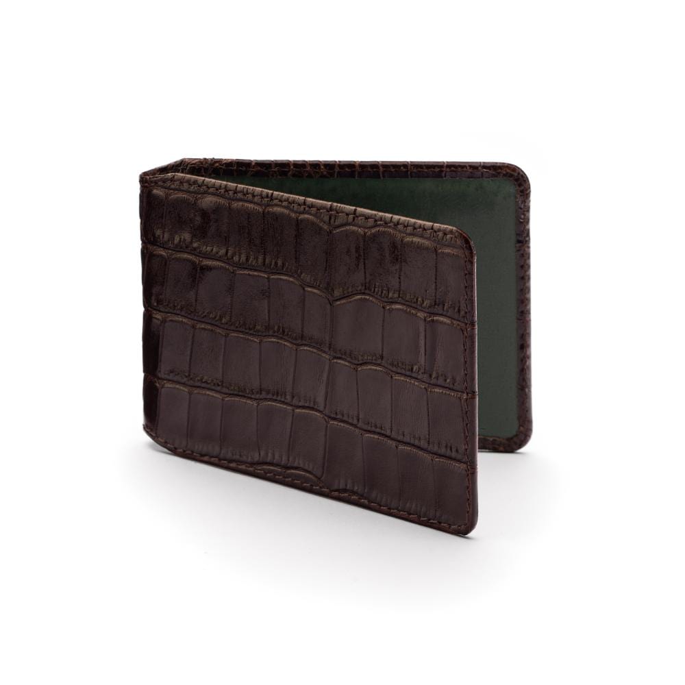 Leather Oyster card holder, brown croc with green, front