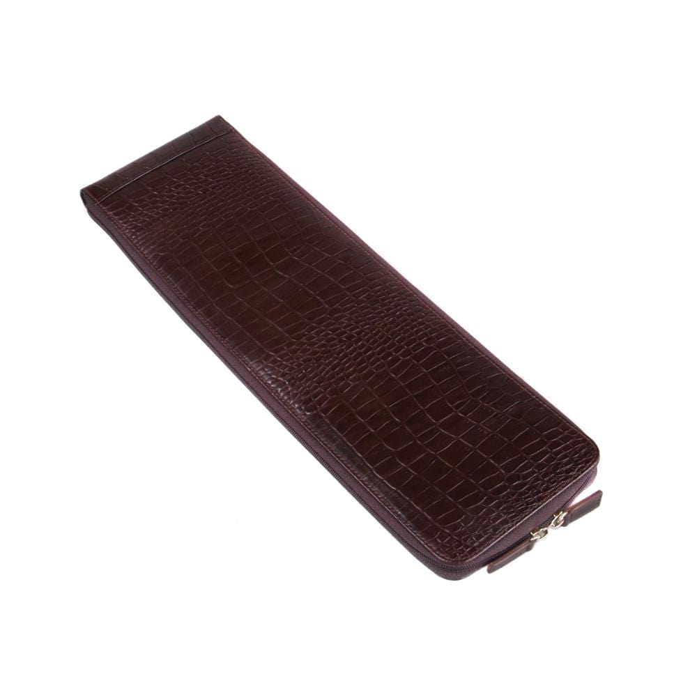 Mens leather travel tie case, brown croc with red, front