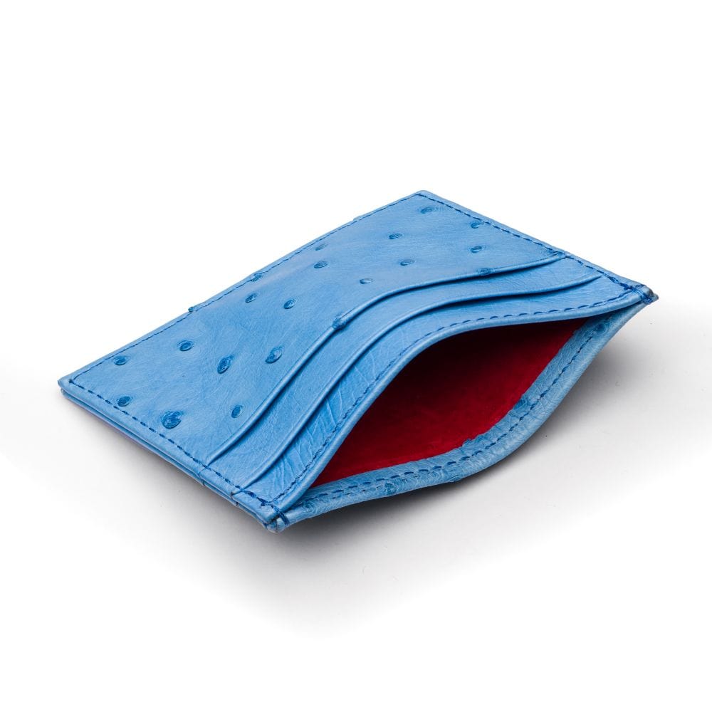 Flat ostrich leather credit card case, blue ostrich leather, front