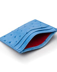 Flat ostrich leather credit card case, blue ostrich leather, front