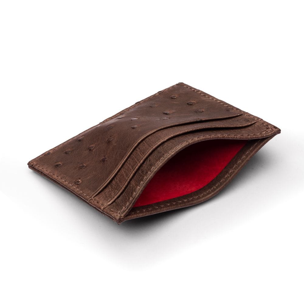 Flat ostrich leather credit card case, brown ostrich leather, front