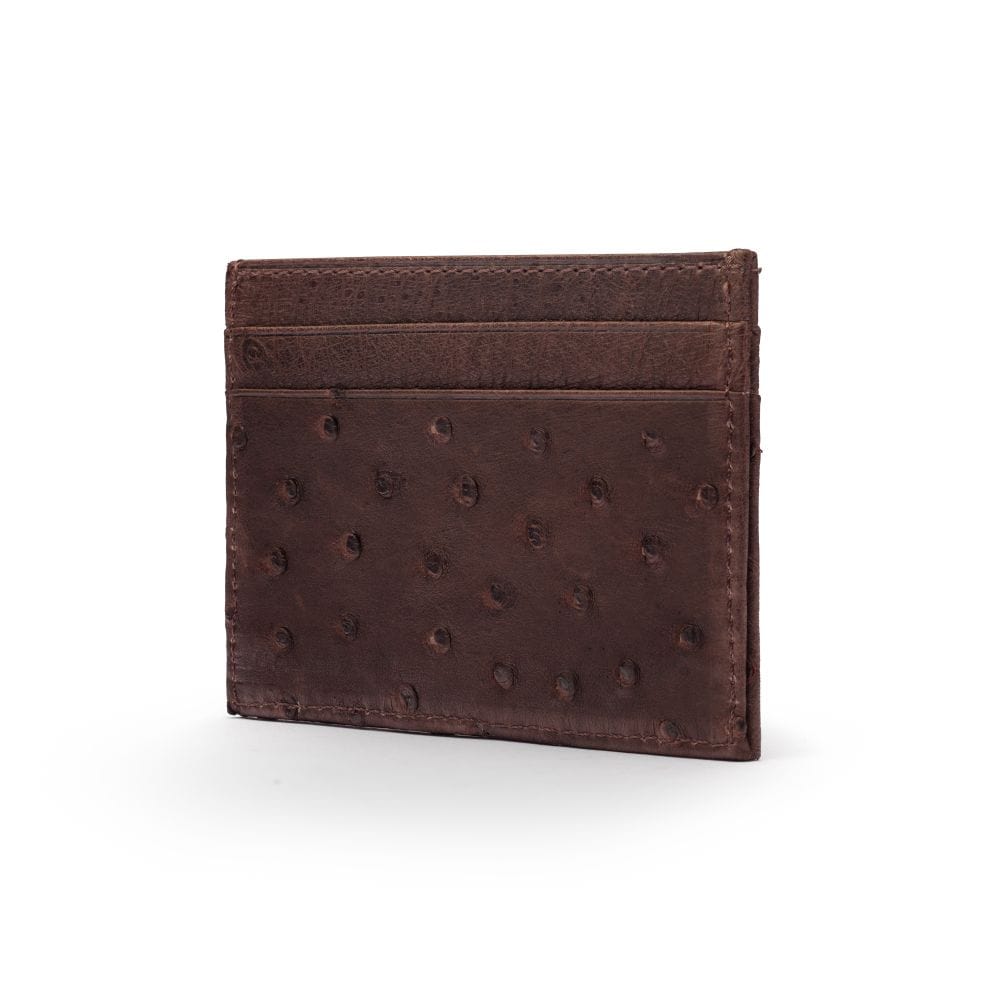 Flat ostrich leather credit card case, brown ostrich leather, side