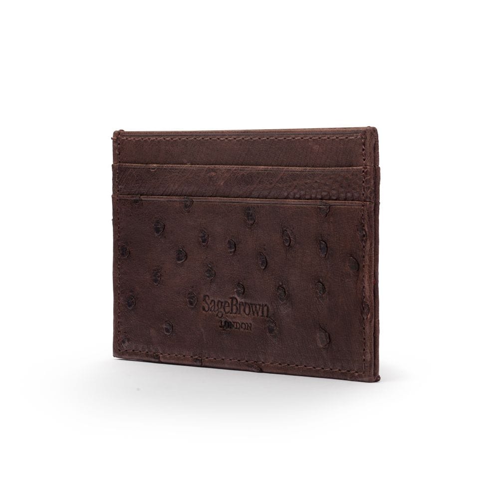 Flat ostrich leather credit card case, brown ostrich leather, back