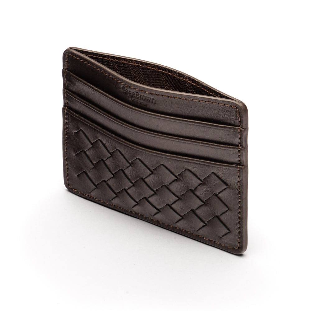 Flat woven leather card holder, brown, open