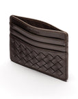Flat woven leather card holder, brown, open