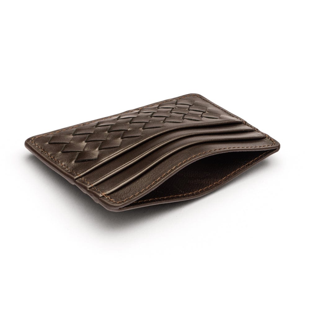 Flat woven leather card holder, brown, inside