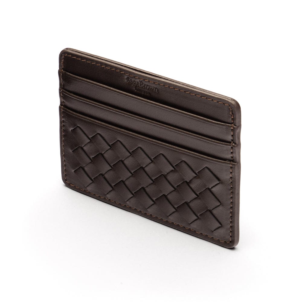 Flat woven leather card holder, brown, back