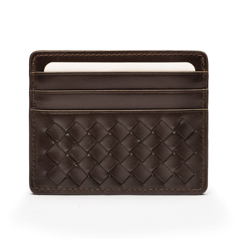 Flat woven leather card holder, brown, front