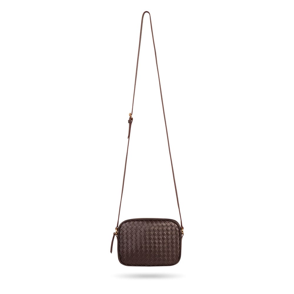 Ivy woven camera bag, brown, with shoulder strap
