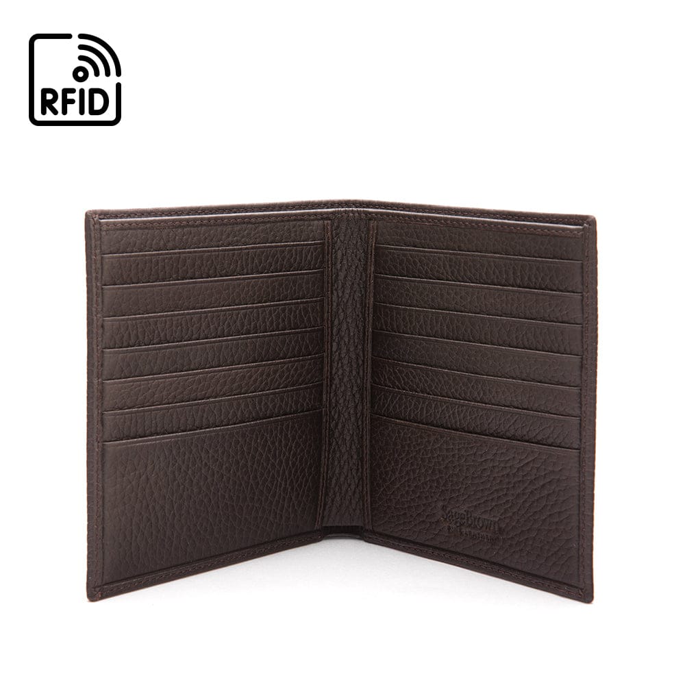3/4 height leather RFID wallet 14 CC, brown, open