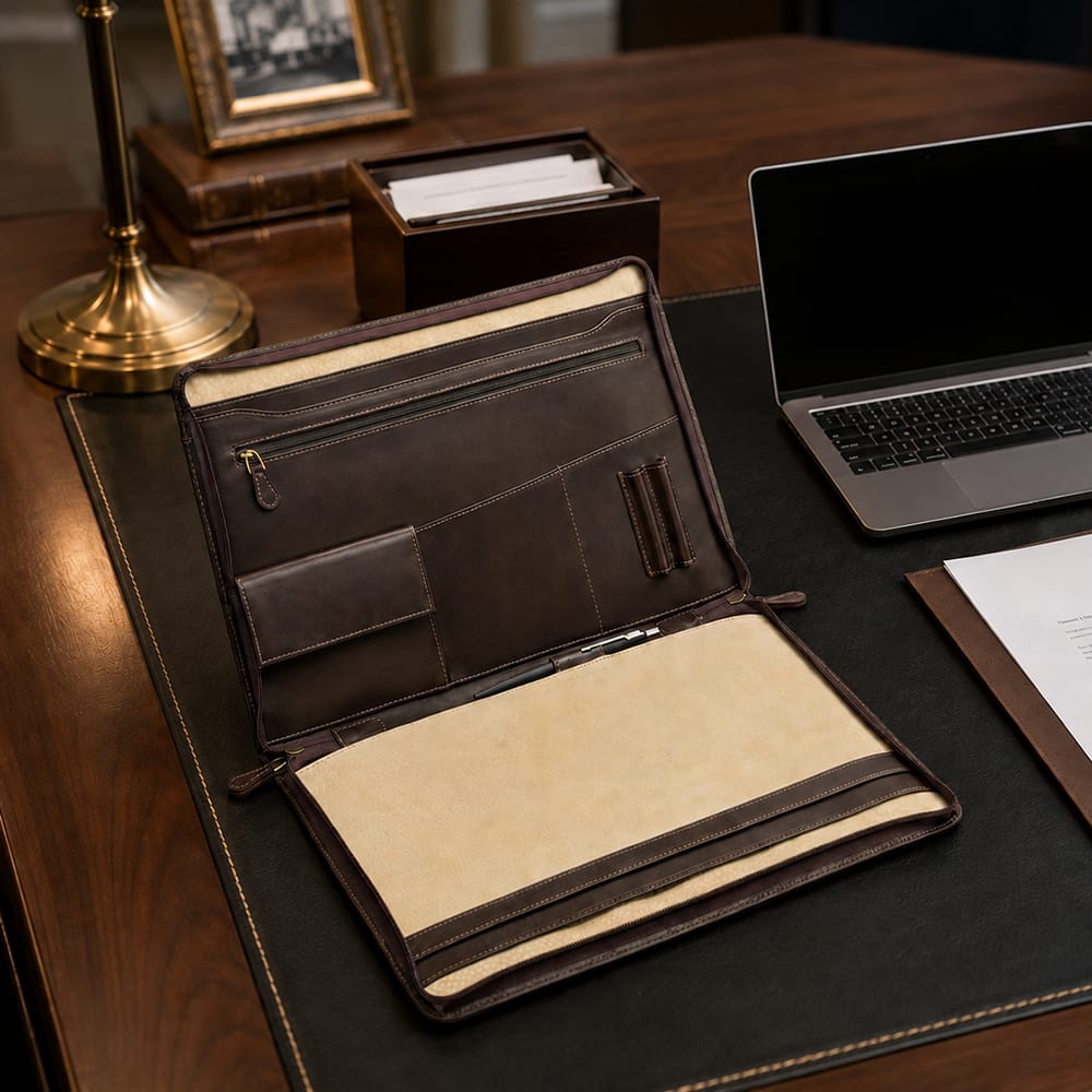 Leather A4 zip around document folder, brown, lifestyle
