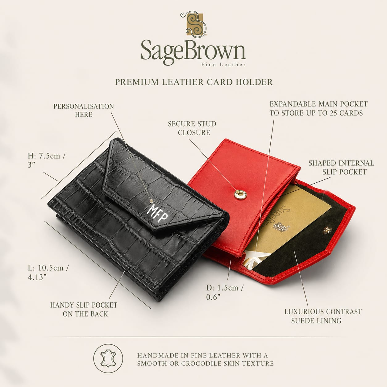 Leather business card holder, features and dimensions