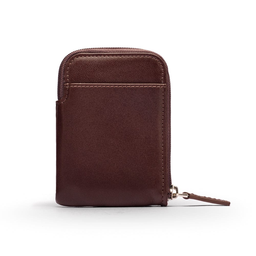 Leather card case with zip, brown, front