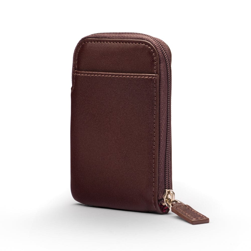 Leather card case with zip, brown, front view