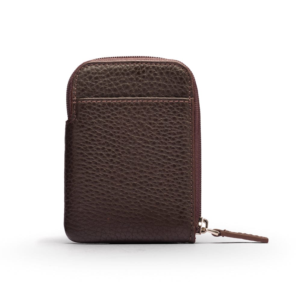 Leather card case with zip, brown pebble grain, front