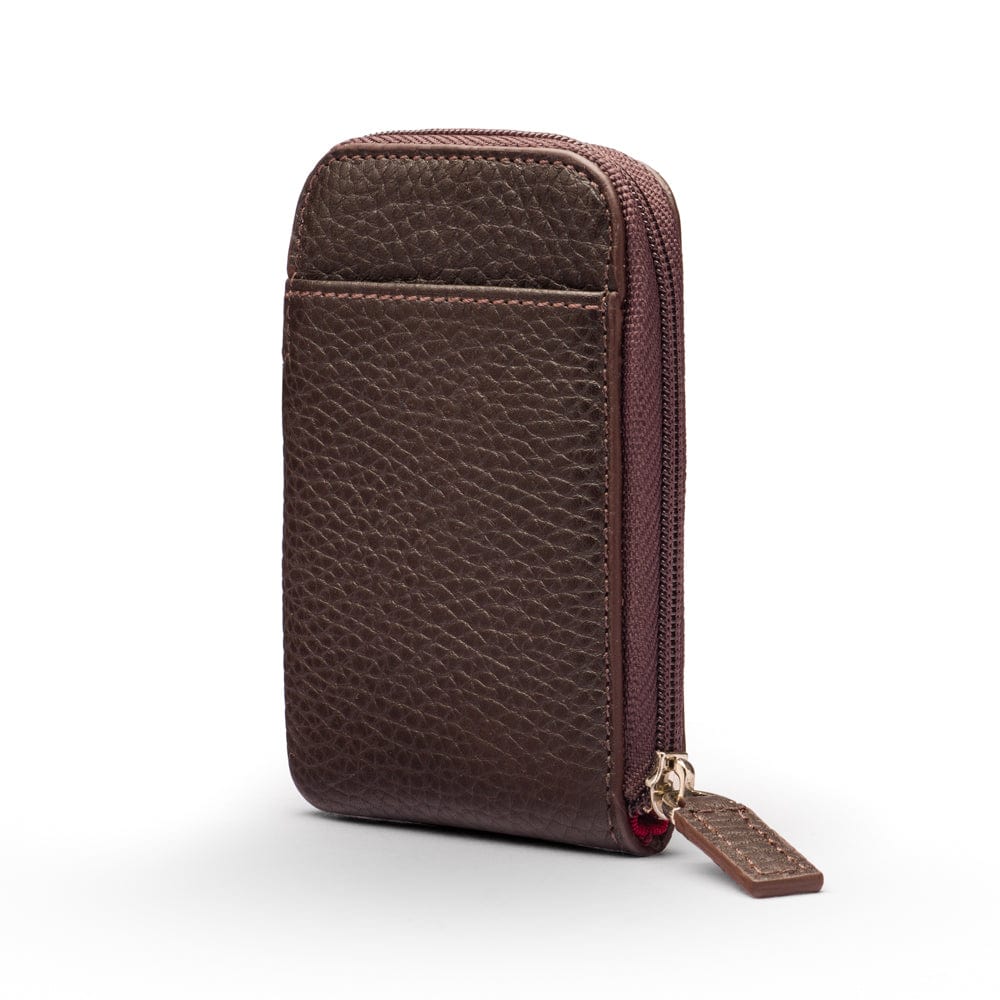 Leather card case with zip, brown pebble grain, front view