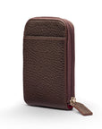 Leather card case with zip, brown pebble grain, front view