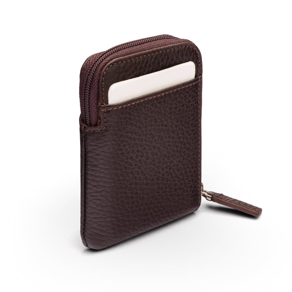 Leather card case with zip, brown pebble grain, back