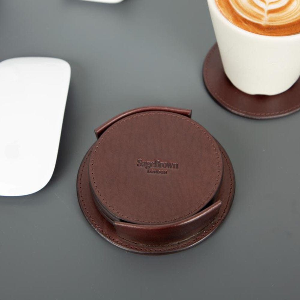 Leather drink coasters, set of 6, brown, lifestyle view