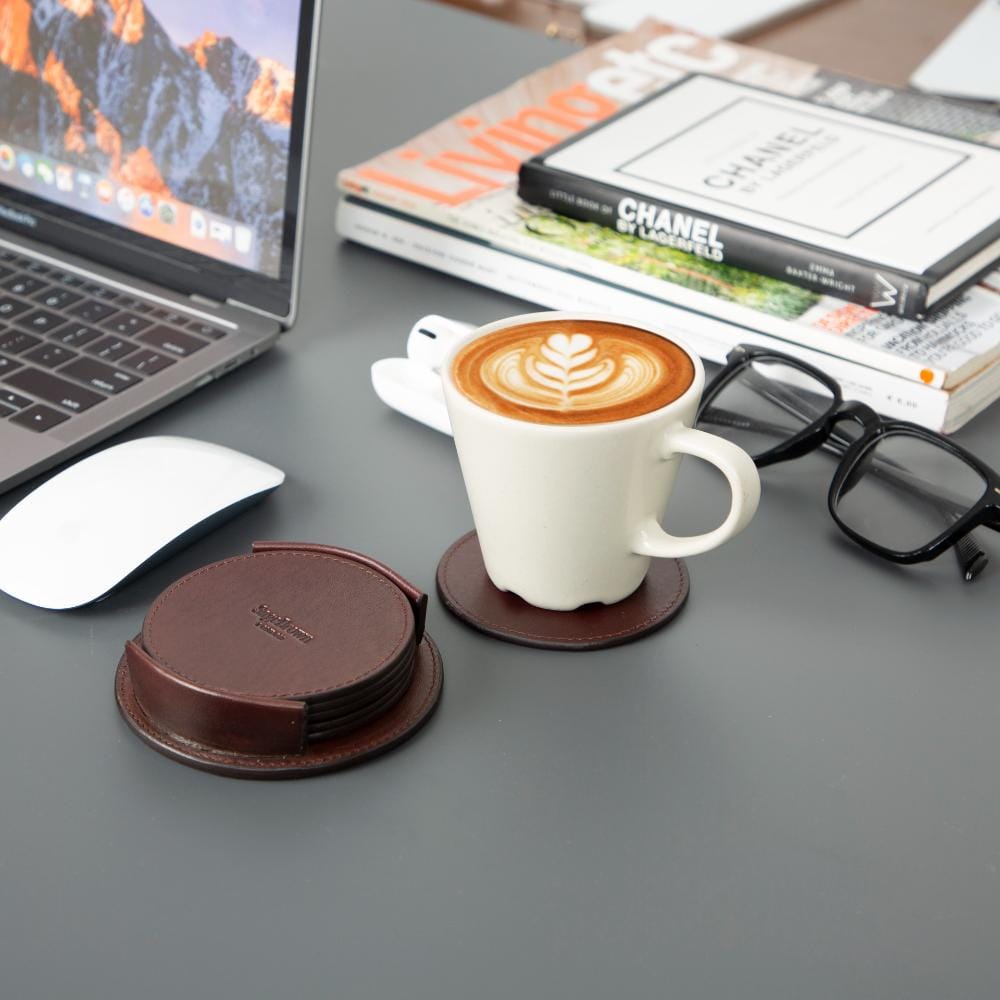 Leather drink coasters, set of 6, brown, lifestyle shot