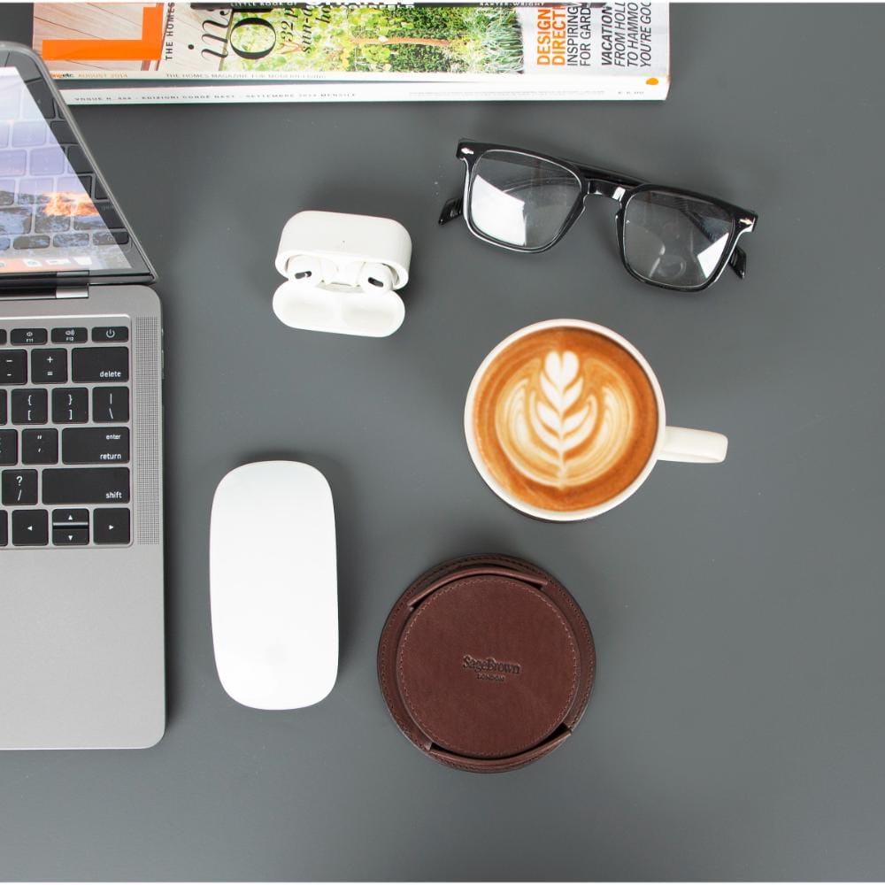 Leather drink coasters, set of 6, brown, aerial view