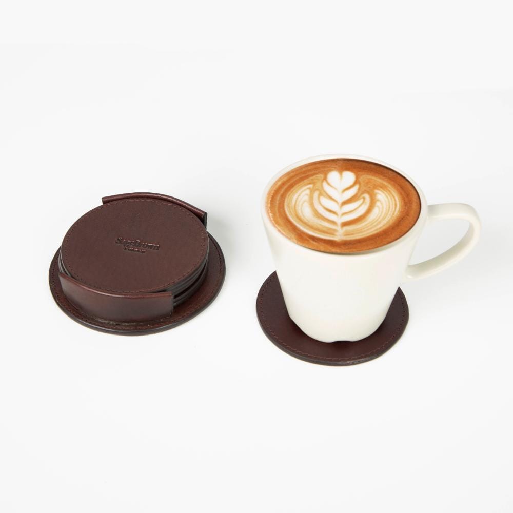 Leather drink coasters, set of 6, brown, lifestyle