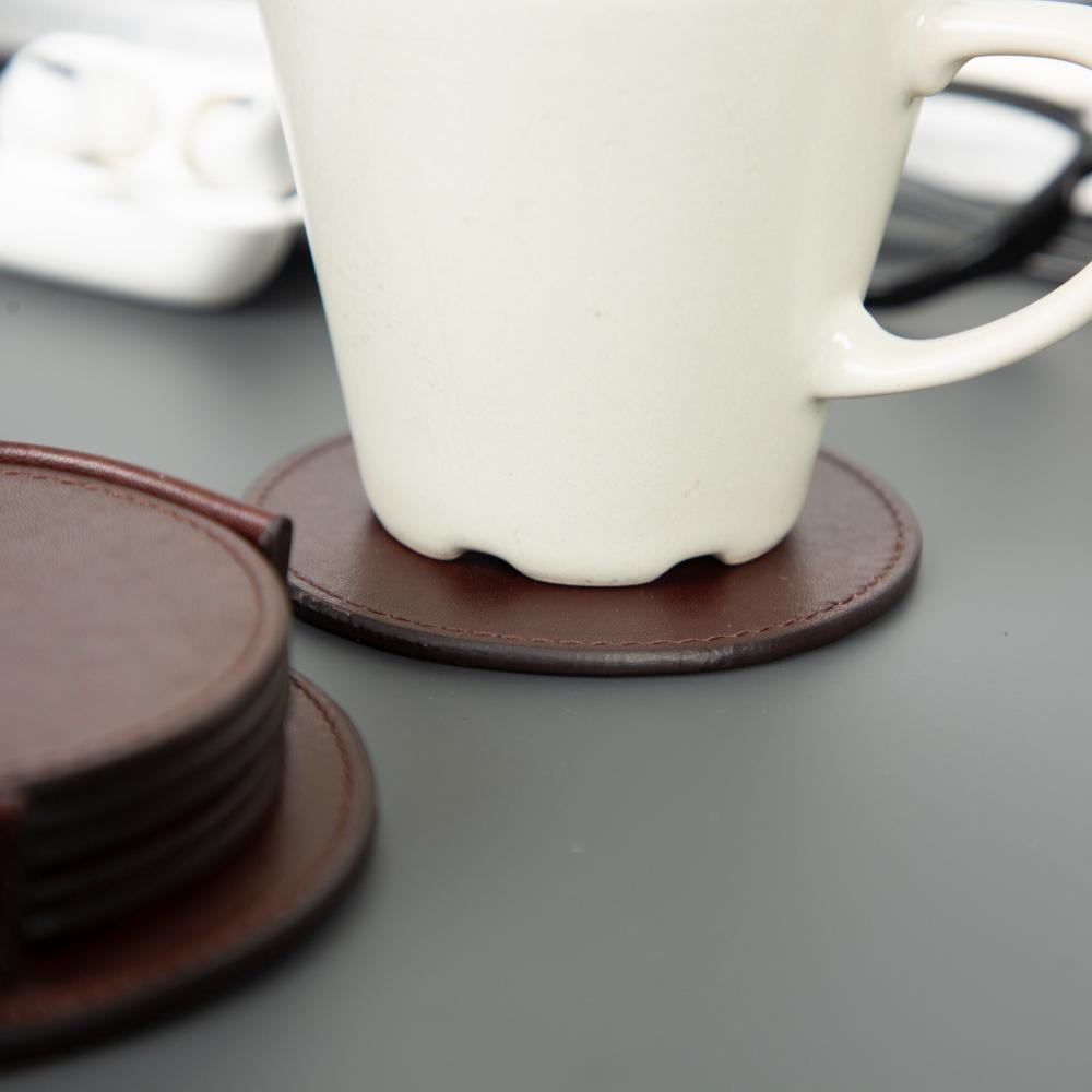 Leather drink coasters, set of 6, brown, side view