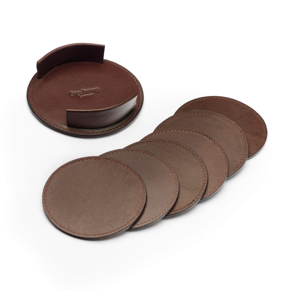 Set of 6 leather coasters, brown