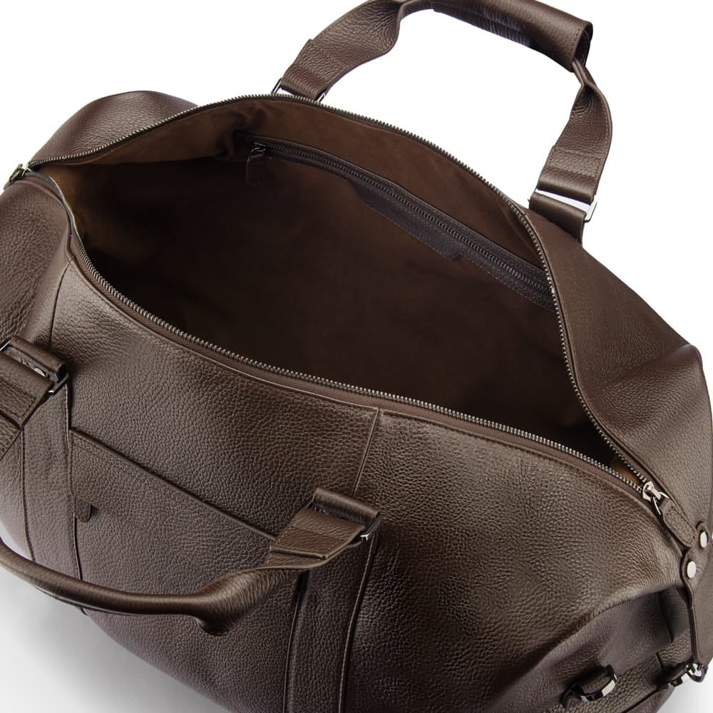 Leather duffel travel bag, brown, inside view
