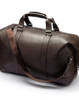 Leather duffel travel bag, brown, with shoulder strap