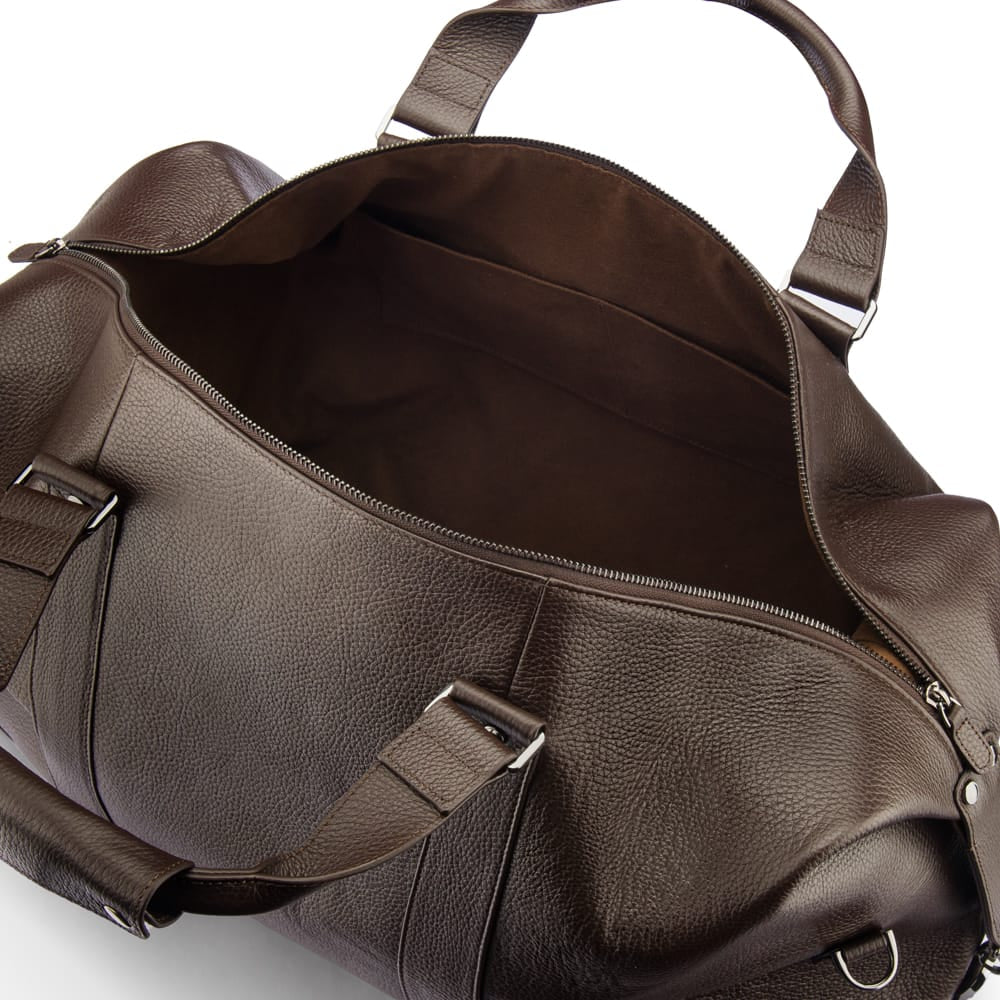 Leather duffel travel bag, brown, inside