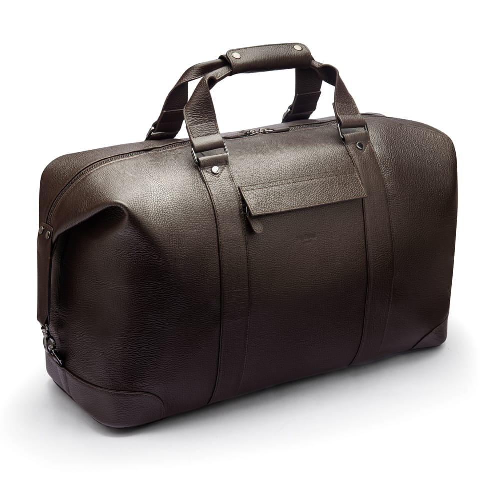 Leather duffel travel bag, brown, back