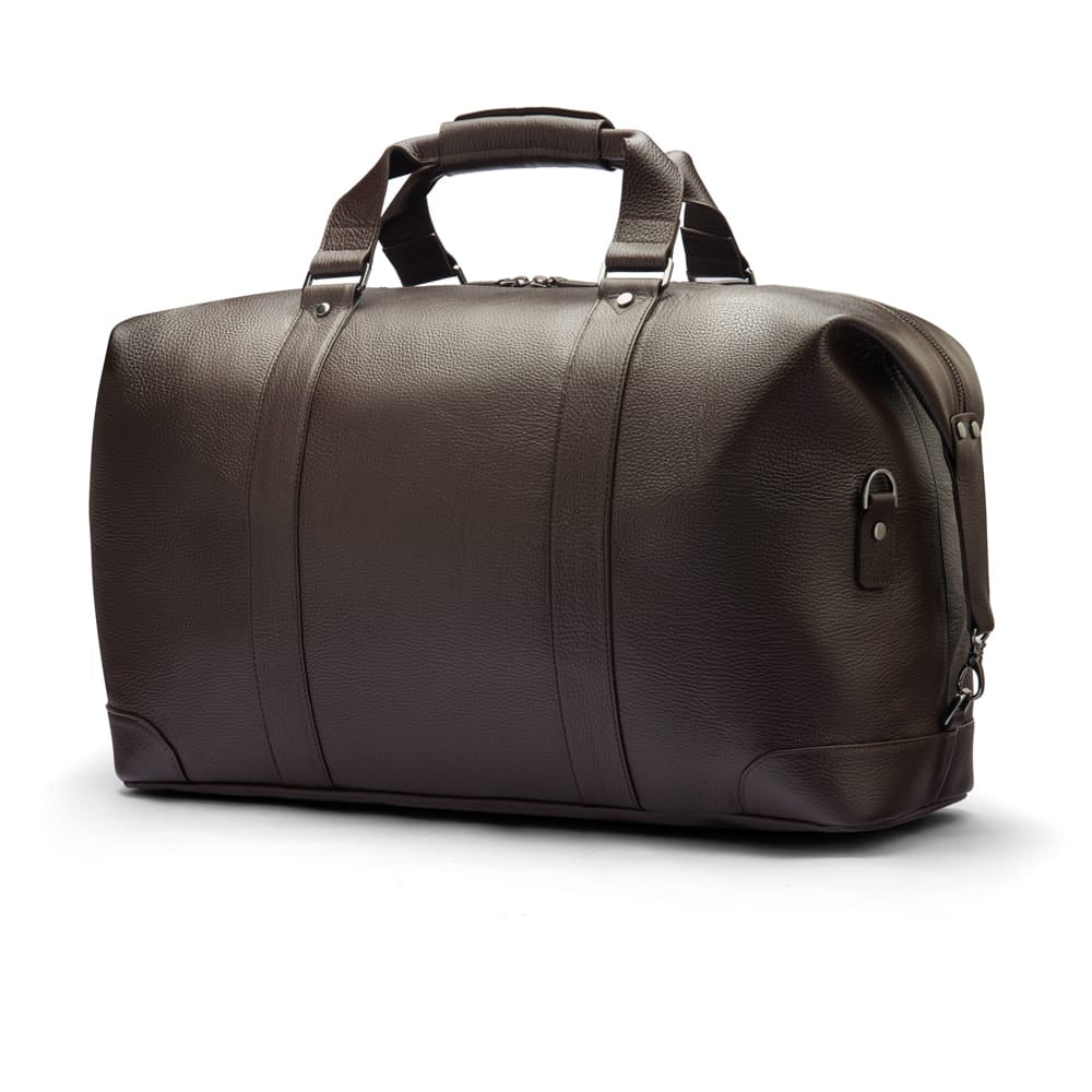 Leather duffel travel bag, brown, side