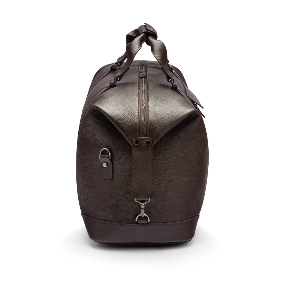 Leather duffel travel bag, brown, side view