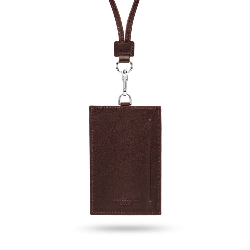 Leather lanyard ID card holder, brown, back