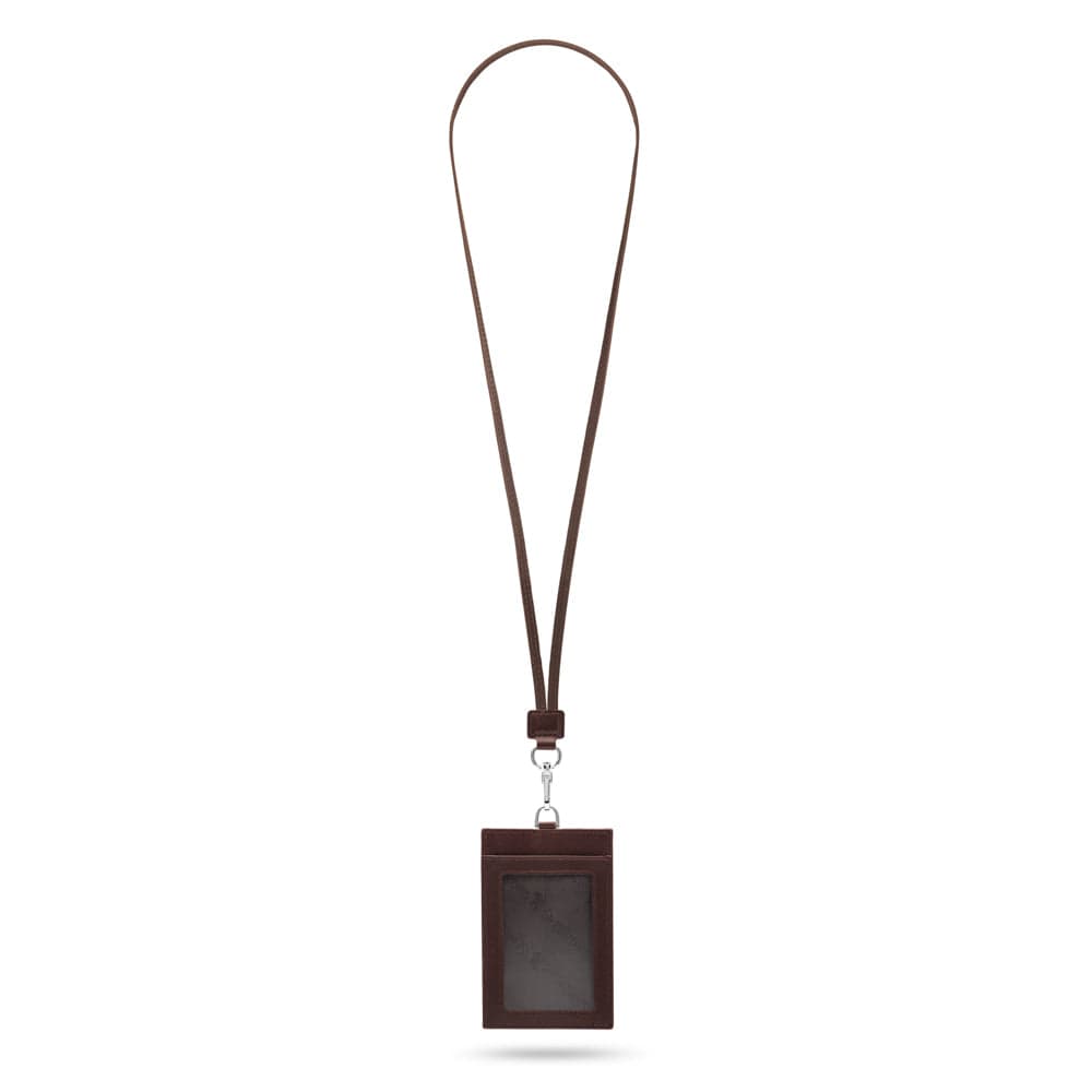 Leather lanyard ID card holder, brown, full length