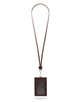 Leather lanyard ID card holder, brown, full length