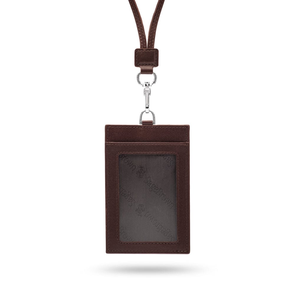 Leather lanyard ID card holder, brown, front