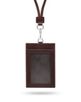 Leather lanyard ID card holder, brown, front