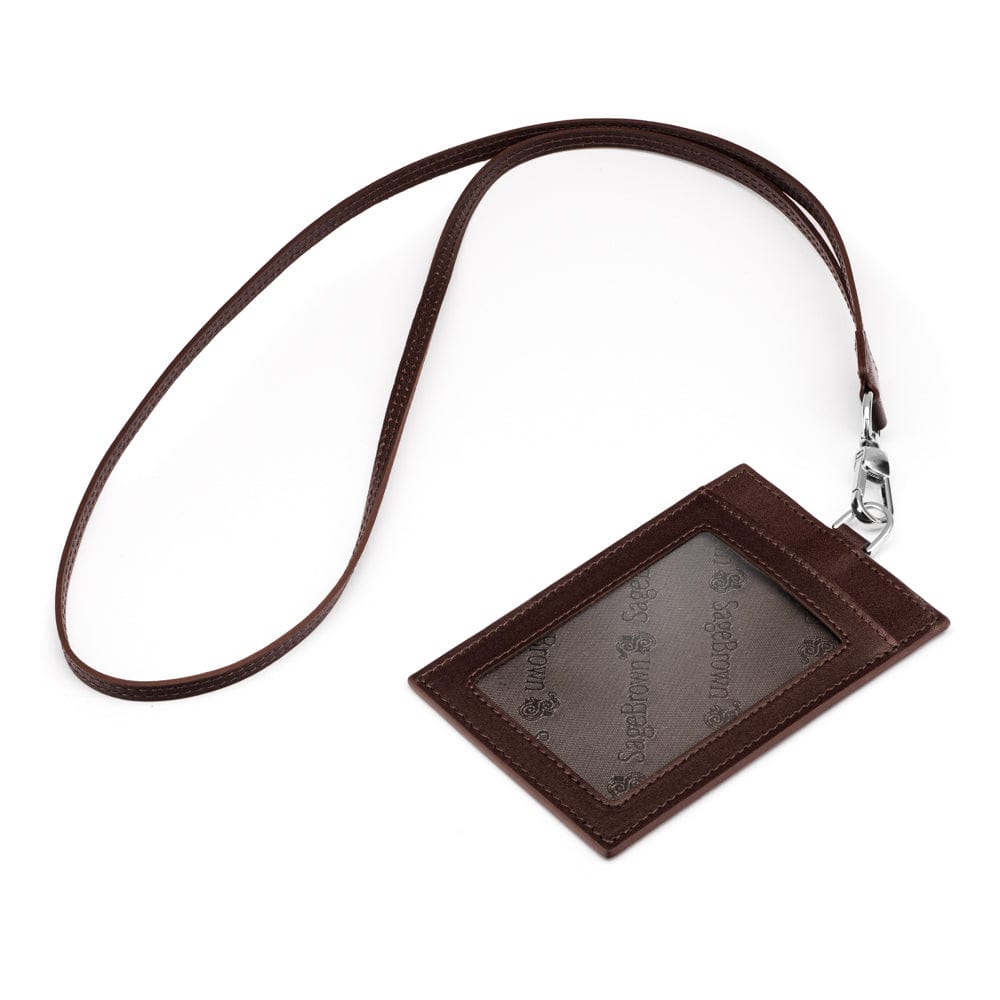 Leather lanyard ID card holder, brown, with strap