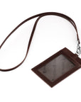 Leather lanyard ID card holder, brown, with strap