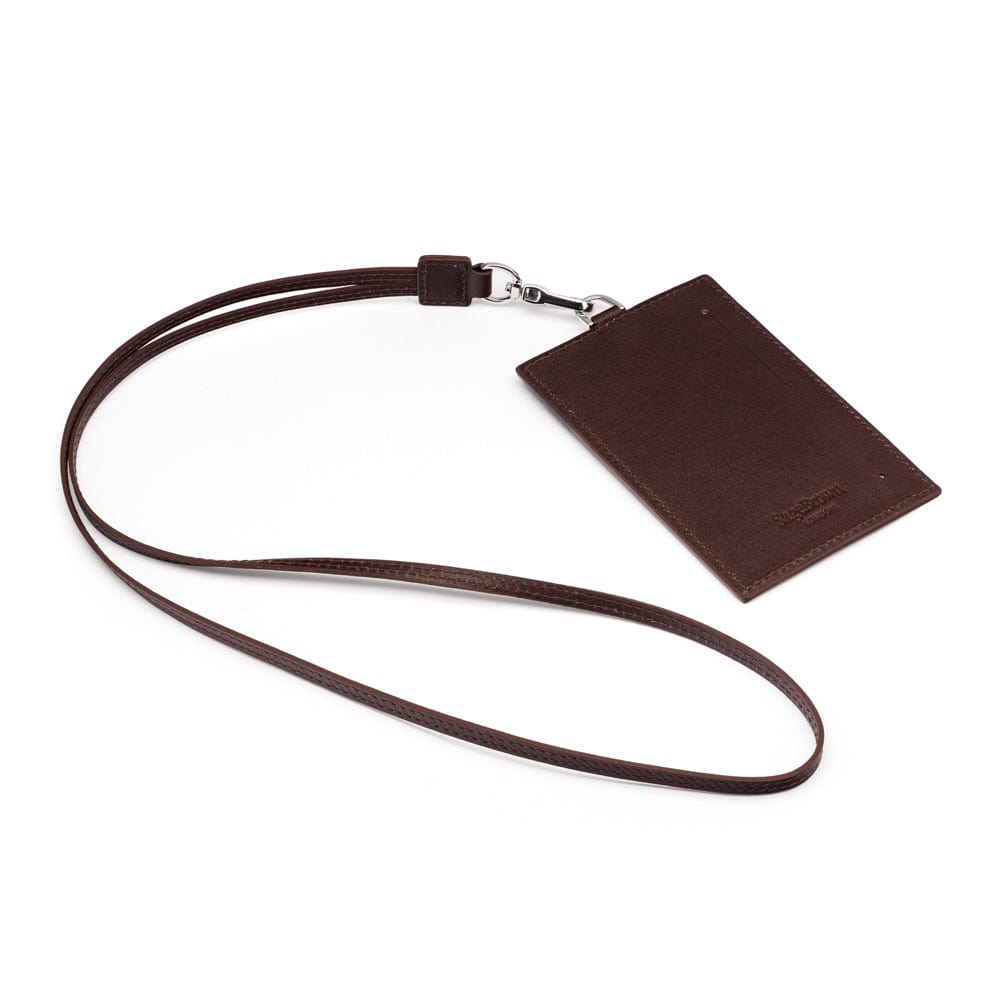 Leather lanyard ID card holder, brown, back lanyard