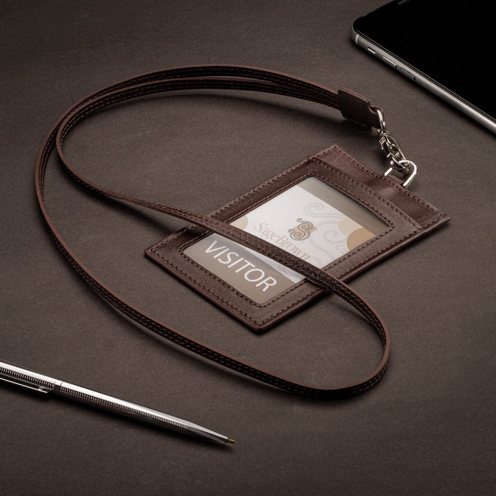 Leather lanyard ID card holder, brown, lifestyle