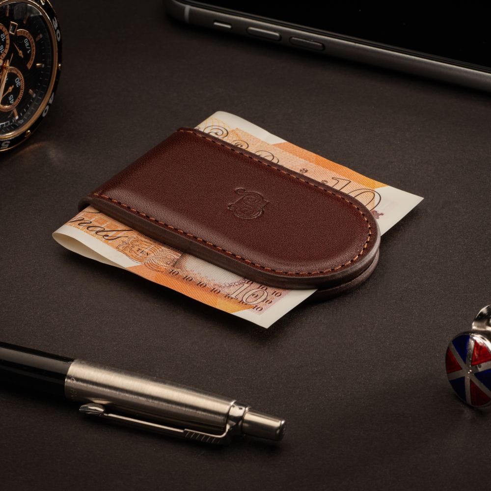 Leather Magnetic Money Clip, brown, lifestyle