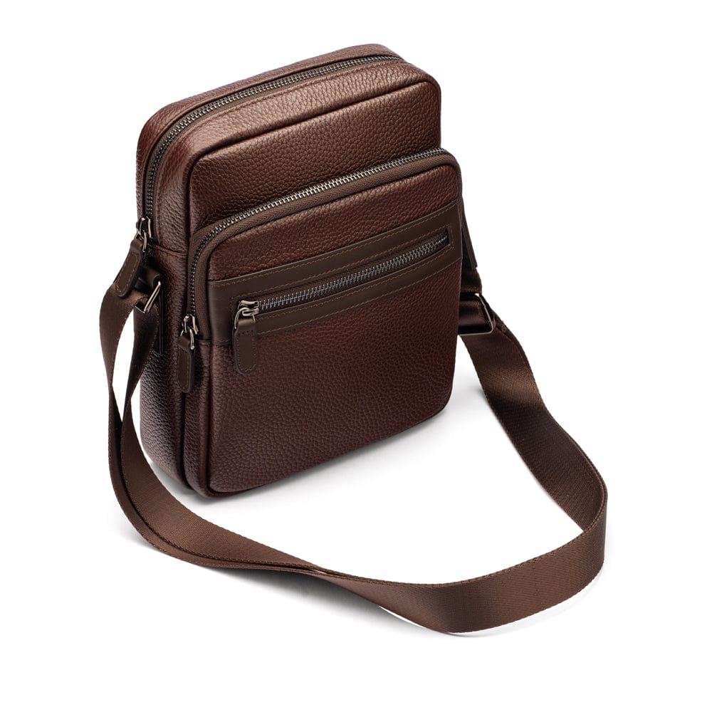 Leather messenger bag with zip, brown, side view